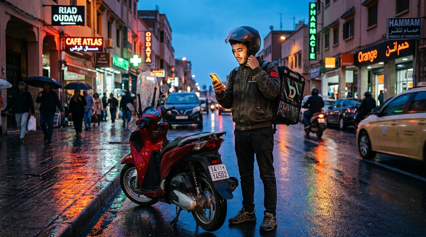 AlloMomo logistics courier checking route at twilight in Morocco