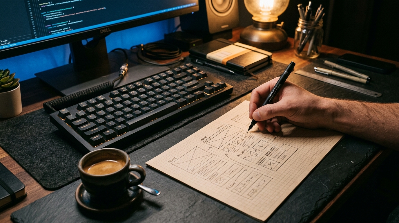 Human hands sketching web architecture by hand in studio