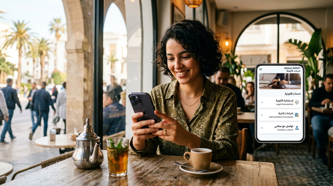 Citizen in Casablanca cafe testing L7edya civic platform on smartphone